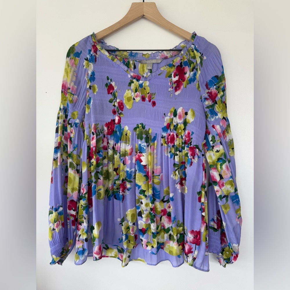 Valerie Stevens Purple‎ Pleated Floral Long-sleeve Blouse with Relaxed Fit Small